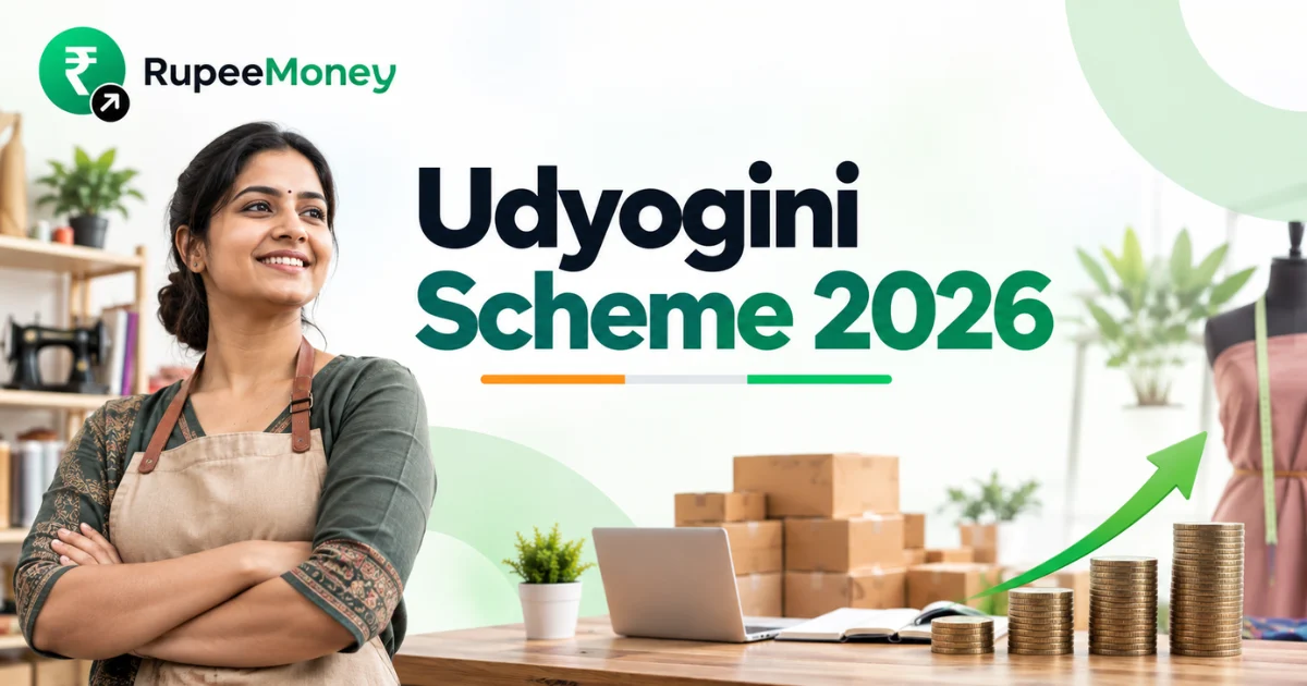 Udyogini Scheme 2026 banner featuring an Indian woman entrepreneur, sewing and business equipment, a laptop, rising coin stacks and a growth arrow, with RupeeMoney branding, representing financial support for women entrepreneurs.