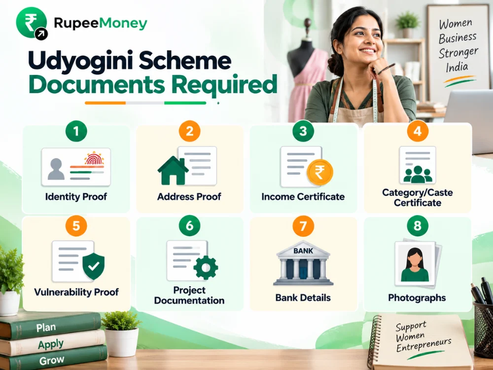 A professional Udyogini Scheme Documents Required infographic highlighting the key documents that applicants may need when applying for financial support under the Udyogini Scheme. It covers identity proof, address proof, income certificate, category or caste certificate, vulnerability proof, project documentation, bank details and photographs. Document requirements can vary by implementing agency, lender and applicant category, so applicants should verify the latest requirements before applying.
