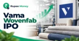 Vama Wovenfab IPO banner featuring the Vama Wovenfab logo, textile manufacturing machinery, woven fabric rolls, yarn cones, industrial factory, rising growth chart, and RupeeMoney branding.