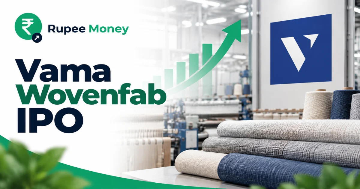 Vama Wovenfab IPO banner featuring the Vama Wovenfab logo, textile manufacturing machinery, woven fabric rolls, yarn cones, industrial factory, rising growth chart, and RupeeMoney branding.