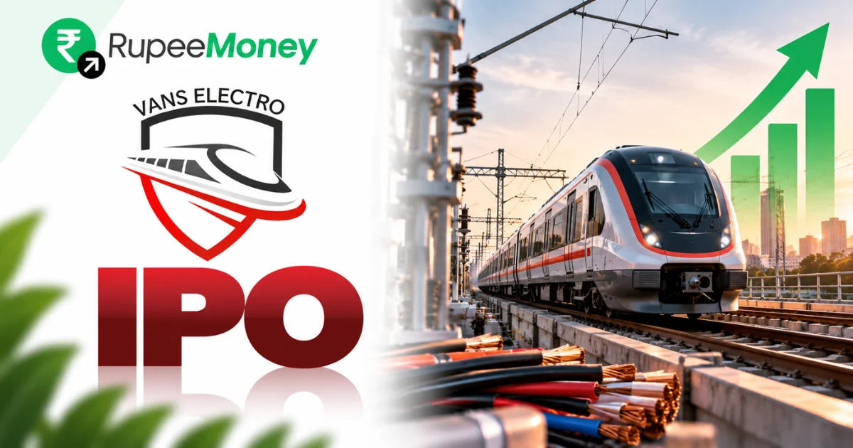 Vans Electroengineerings IPO banner featuring VANS Electro branding, railway electrification equipment, electric train infrastructure, overhead power systems, electrical cables, financial growth graphics and RupeeMoney branding.