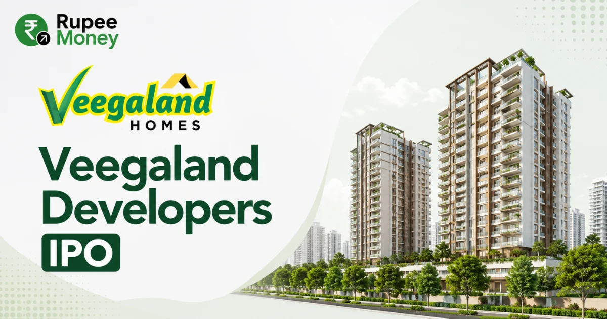 Veegaland Developers IPO banner featuring the Veegaland Homes logo, modern residential buildings, landscaped property development, and RupeeMoney branding.