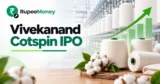 Vivekanand Cotspin IPO banner featuring cotton bolls, cotton yarn spools, textile manufacturing equipment and a rising financial chart, with RupeeMoney branding.