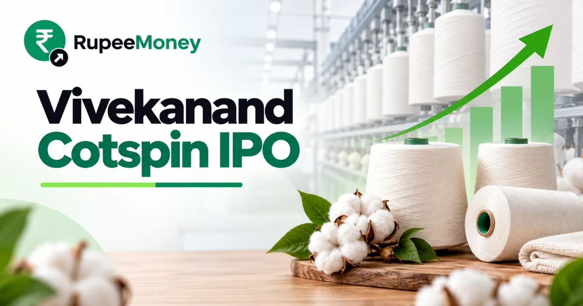 Vivekanand Cotspin IPO banner featuring cotton bolls, cotton yarn spools, textile manufacturing equipment and a rising financial chart, with RupeeMoney branding.